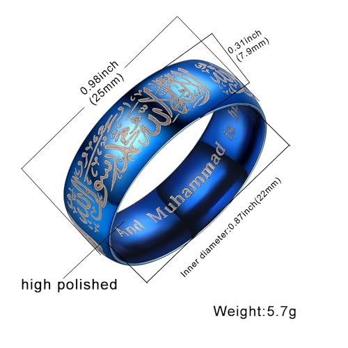 Hipunk Stainless Steel Islamic Muslim Shahada Ring - Mohammad Arabic Letter Rings Band Prayer Religious Calligraphy Ayatul Kursi Allah Rings Eid Ramadan for Men Women Size 9-12 - color: blue