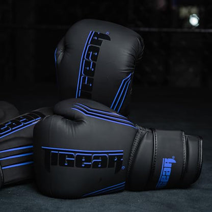 Tigear Surge Pro Boxing Gloves for Men Women & Kids | Engineered Leather Muay Thai Gloves, MMA Gear, Kickboxing Heavy Bag Training and Sparring - color: Black/Blue, size: 14 oz