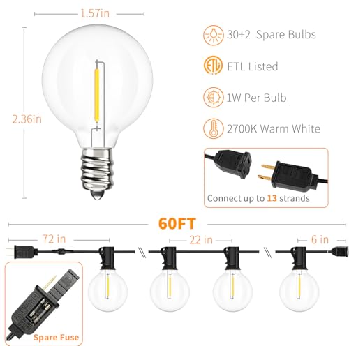 Svater Outdoor String Lights LED 60 FT G40 Patio Globe Light Waterproof - size: 60FT