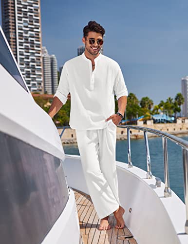 COOFANDY Men's 2 Pieces Cotton Linen Set Long Sleeve Henley Shirts Casual Beach Pants With Pockets Summer Yoga Outfits - color: All White, size: X-Large