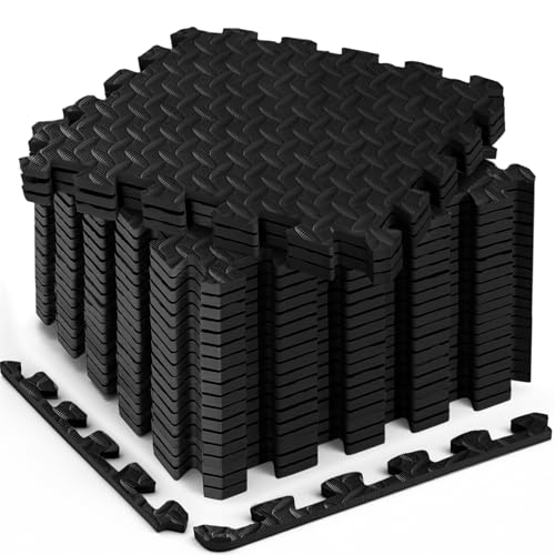 18 Pcs EVA Foam Floor Tiles, Puzzle Exercise Mat Set for Gym | Cover 18 sqft with 12.6" x 12.6" x 0.4" interlocking tiles for home gyms, garages and workout equipment - color: Black