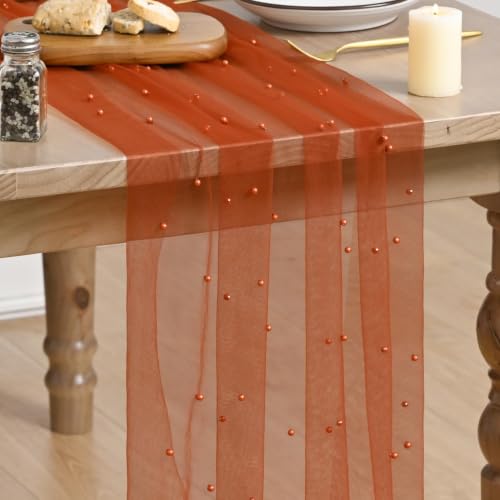 Artoid Mode Pearl Terrcotta Gauze Table Runner 10FT Home Decor - color: Terrcotta, size: 28" x 120"
