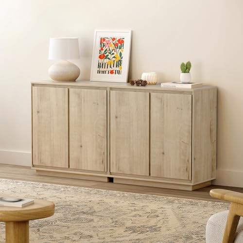 Buffet Storage Cabinet Set of 2, Accent Sideboard Cabinet with Adjustable Shelves and Handless Design, Credenza Console Table for Living Room, Light Oak - color: Light Oak, size: 2 PCS