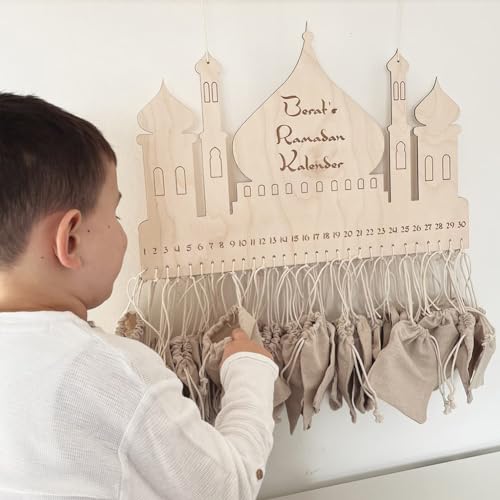 Ramadan Decorations Countdown Calendar, Wooden Advent Calendar with Cloth Pocket Eid Mubarak Decoration, 30 Days Eid Mubaraks Home Ornament, Ramadan Decor Wooden Wall Signs Wall Plaque