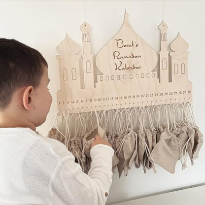 Ramadan Decorations Countdown Calendar, Wooden Advent Calendar with Cloth Pocket Eid Mubarak Decoration, 30 Days Eid Mubaraks Home Ornament, Ramadan Decor Wooden Wall Signs Wall Plaque