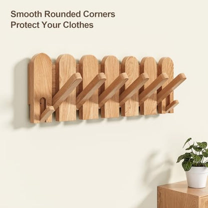 Solid Walnut Coat Rack Wall Mount, 16.5" Wood Wall Mounted Coat Rack with 8 Retractable Hangers,Heavy Duty Wooden Coat Hooks for Hanging Coats,Hats,Robe,Towels,Bags,Key Holder for Entryway,Natural - color: Natural