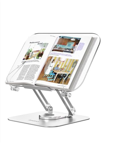 ACIsland Acrylic Book Stand for Reading-Adjustable Holder with 360° Rotating Base & Page Clips- Foldable Desktop Ricer for displaying Cookbook-Sheet Music-Laptop-Recipe-Textbook-Hands Free-Aluminium
