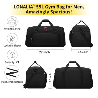 55L Sports Gym Duffle Bag for Men, Black | 22 inch, Multi Pockets, Large Capacity, Workout, Travel, Weekender, Fitness - color: Black