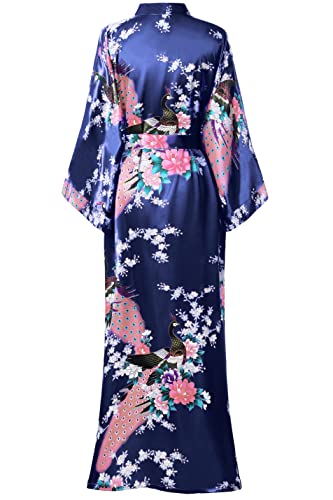 BABEYOND Women's Kimono Robe Long Satin Robes with Peacock and Blossoms Printed Kimono Nightgown - color: Dark Blue, size: One Size
