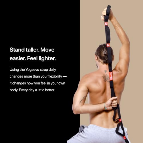 YogaEVO Stretching Strap with Loops for Physical Therapy — Yoga Strap & Resistance Band in One — Flexibility & Back Recovery — HD Video Routines Included - color: Black