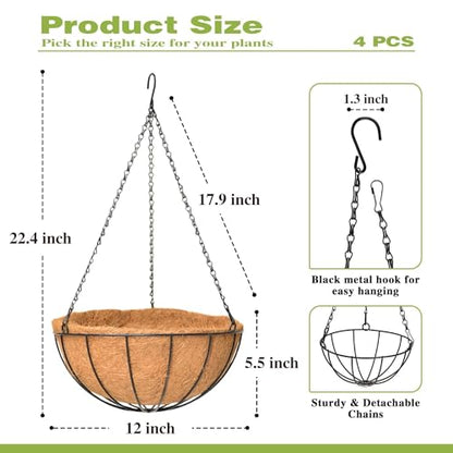 4 Pack 12 Inch Hanging Baskets for Plants Outdoor Metal Hanging Planter Hanging Flower Baskets with Coco Fiber Liners Chain Round Wire Plant Holder Hangings Flower Pots(Watermelon) - size: 12 Inch, style: Watermelon