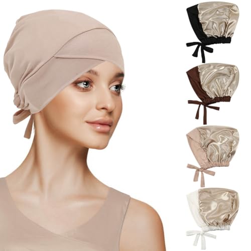 4 Pcs Satin Lined Muslim Inner Hijab Cap for Women Cross Tie Back Hijab Undercap Inner Underscarf Turban Hat - color: Cross Black Coffee Flesh Pink White