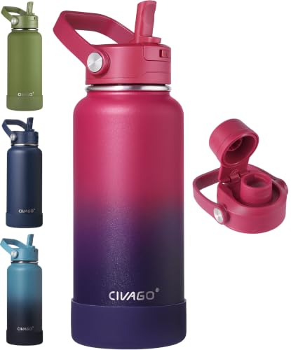 CIVAGO 32 oz Insulated Stainless Steel Water Bottle with Detachable Straw, Large Metal Water Jug with Bucket Handle, Leakproof Sports Water Flask with Silicone Boot, Dishwasher Safe, Dark Rainbow - color: Dark Rainbow, size: 32 Ounces