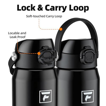 Fanhaw 24 oz Insulated Stainless Steel Water Bottle with 2-in-1 Straw& Chug Lid, Leakproof Wide Mouth Vacuum Bottle for School, Sports, Kids, Teens& Adults, Back to School Essentials (Glossy Black) - color: Glossy Black