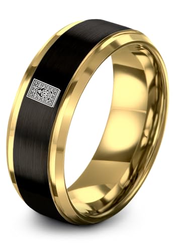 Gift for Muslim Devotee - Prayer Rug Pattern Ring - Black Yellow Rose Gold - Band - Anniversary Wedding - Personalized Custom Engraving - Flat Dome Bevel - 8mm - Men Women - Tungsten Carbide - color: 08 - Yellow Gold Black Tungsten