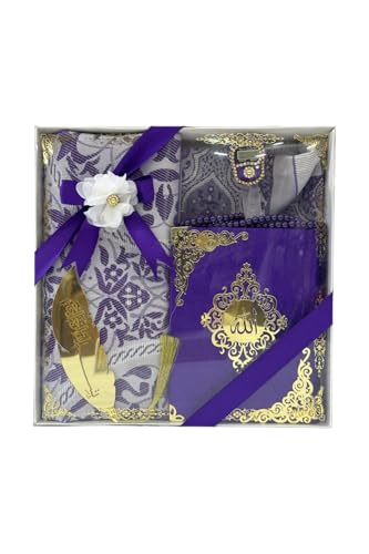 SODEF Quality Quran Set - Prayer Rug, Prayer Beads, Zikirmatik, Bookmark, Quran Book - Purple - Purple, 47x28 inch