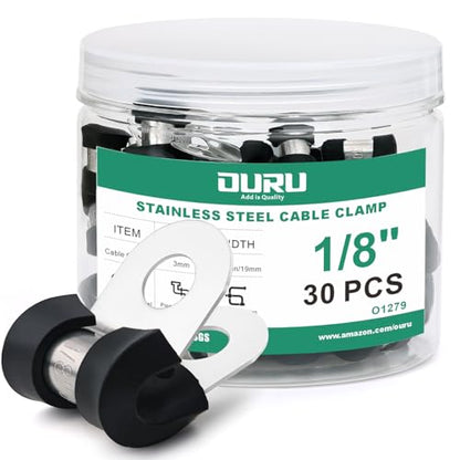 OURU 1/8 Inch Cable Clamps, Rubber Coated Insulated Clamps, 30pcs, 3mm | 304 Stainless Steel, Anti-Vibration, Rust Resistant, Secure Hold, Automotive Wire, Pipe & Tube Mounting, Cable Management - size: 30pcs - 1/8"