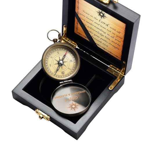 God's Guide & Blessing Compass, Trust in The Lord Compass, Wood Box Greeting, Inspirational Gift Men, Christian Boys Baptism Gifts, Graduation Day with Wooden Box - color: 2.Bronze Trust in The Lord Wooden Box
