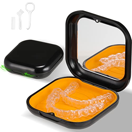 Retainer Case, Slim Aligner Case with Mirror, Compatible with Invisalign, Night Guard and Mouth Guard, Premium Retainer Case, With Aligner Remover Tool, Chew & Brush, Black - color: Square: Black