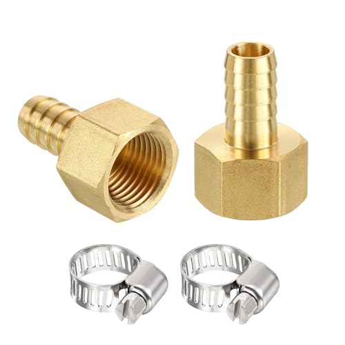 HARFINGTON 2pcs 1/2" to 1/2" NPT Female Brass Hose Barb Fitting Metals Splicer Mender with 2 Pieces Stainless Steel Hose Clamps for 3D Printing, Air Compressor, CNC Machine, Dies - size: 1/2" Barb To 1/2" NPT Female with Clamp