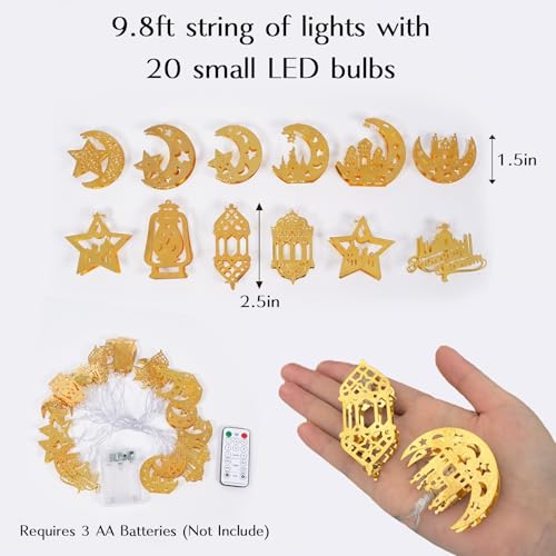 Ramadan Decorations String Lights, Metal Moon Star Battery Operated 10ft 20 LED Ramadan Lights with Remote, Timer & 8 Lighting Modes, Islamic Decor for Home Wall Fireplace Eid Mubarak Party - style: Ramadan Decorations