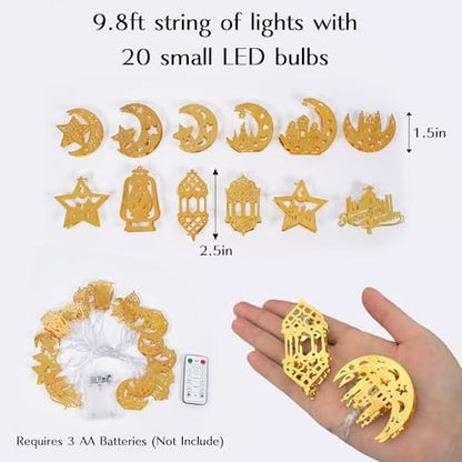 Ramadan Decorations String Lights, Metal Moon Star Battery Operated 10ft 20 LED Ramadan Lights with Remote, Timer & 8 Lighting Modes, Islamic Decor for Home Wall Fireplace Eid Mubarak Party - style: Ramadan Decorations