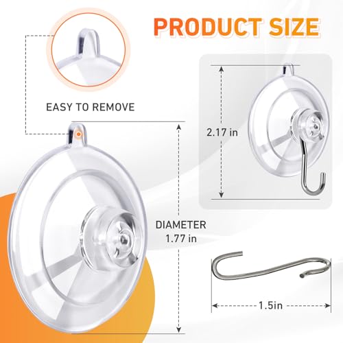 Suction Cup Hooks 12Pack - Max Load 10LB, 1.77Inch Clear Medium Suction Cups, No Trace, Reusable & Removable, Stainless Steel Hooks, for Tile, Glass, Window, Shower, Kitchen, Bathroom - size: 12pc-Medium Size
