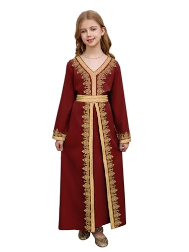 Girls Middle East Prayer Dress Muslim Abaya Hooded Islamic Modest Arabian Dresses Middle Dubai Attire Kaftan - color: Burgundy, size: 9