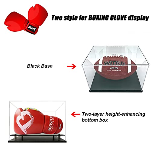 Boxing Glove Display Case,Self-Assembly Acrylic Display case for Full Size Boxing Glove,Baseball Glove Display Case Holder Showcase.Baseball Mitt Ball Football,Clear Case Black Base Riser Stand - size: 13x8.7x8.7 inch