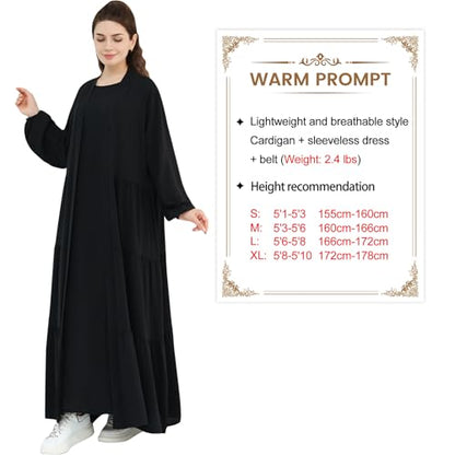 Women Muslim Abaya Dress 2PCS Soft Flowing Cardigan Dress Set Islamic Dubai Modest Kaftan Prayer Robe - color: Black, size: Small