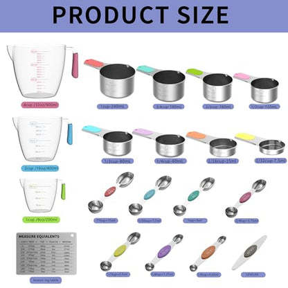 Magnetic Measuring Cups and Spoons Set, 5 Stainless Steel Measuring Cups for Dry and Liquid Ingredients, 7 Magnetic Measuring Spoons, 3 Plastic Measuring Cup with 1 Measuring Conversion Chart