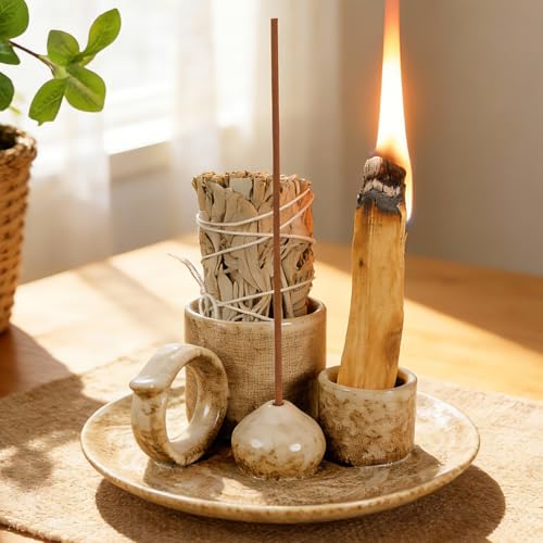 Tnstbiee 4.1 Inch 5-in1 Brown Ceramic Smudge Bowl,Versatile Incense Holder - color: Palo-incense-dish-brown