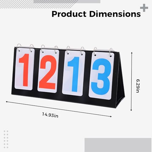 Scoreboard, 4-Digit Portable Flip Scoreboard for Tabletop, Red and Blue Numbers, 6.3 x 15 in / 16 x 38 cm, for Tennis, Basketball, and All Sports Games