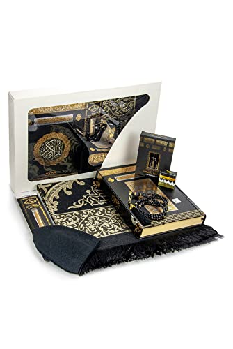 ihvan online Luxury Islamic Prayers Gift Box, Quran & Prayer Beads Tesbih & Muslim Prayer Rug & Miswak Stick & Solid Smell & Kufi Hats & Hacerul Esved, Deluxe 8 Piece Set Ramadan & Eid Gifts - color: Black / Set 4
