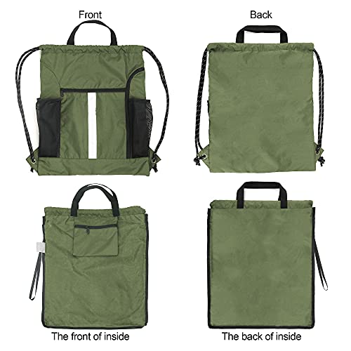 BeeGreen Moss Green Drawstring Bag Pack Sport Cinch Sack with Shoe Compartment and Two Side Mesh Pockets Heavy Duty Gym String Backpack for Unisex - color: Moss Green, style: Drawstring With Shoe Compartment