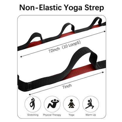10 Loop Yoga Stretching Strap for Physical Therapy - Non-Elastic Exercise Band for Pilates, Yoga, Stretching for Women & Men - color: Red+Black