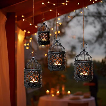 JHY DESIGN 6 Pcs 5.5 inch Height Small Metal Candle Stick Holder Hanging Birdcage Tealight Lantern Hollow Candle Holders for Table Valentine Patio Indoor Outdoor Gifts(Black)