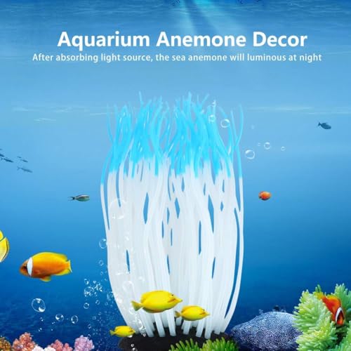 Lifelike Silicone Sea Anemone Aquarium Decor, Glowing Artificial Ornament with Suction Cup for Fish Tank, Blue