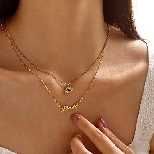 Name Necklace Personalized for Women : 18K Gold Plated Custom Name Necklace Chain Name Plate Choker Necklace Customized Gift Idea for Women Girl Female Friends Girlfriend BFF, Gold Plated/Silver - style: 2-layered evil eye+name