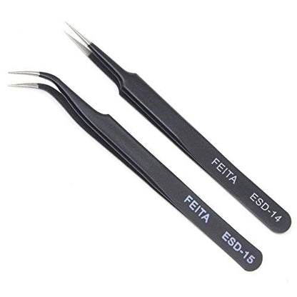 Eyelash Tweezers - FEITA Precision Eyelash Extension Tweezers Set - Professional Straight & Curved Pointed Very Fine Tip Tweezers for Lash Extensions - Black - 2Pcs - color: Black Tweezers - 2pcs