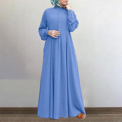 Dress for Women Muslim Long Sleeve Button Down Dress Shirt Prayer Casual Clothes Summer Fashion Outfits - color: Blue, size: Large