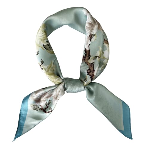 FONYVE Silk Feeling Scarf Medium Square Satin Head Scarf for Women 27.5 × 27.5 inches - color: 03 Green Floral