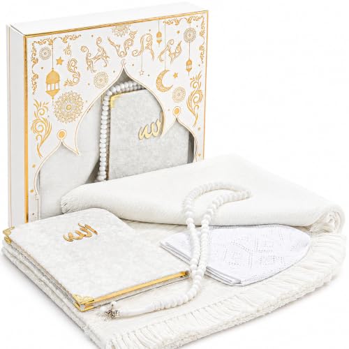 ihvan online Prayer Gift Set for Men & Women, Muslim Prayer Rug, Prayer Mat, Beads Taasbih, Velvet Covered Yaseen, Muslim Kufi Hat, Miswak, Islamic Gift Set for Ramadan & Eid, White - color: White Arabic