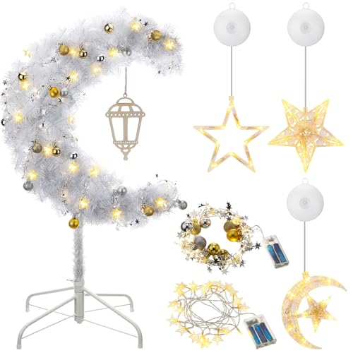 Glooglitter 3ft Ramadan Moon Tree: Lighted Crescent Artificial Tree with Star String LED Eid Outdoor Decoration for Eid Ramadan Garden Home Bedroom Party Decor(Silver) - color: Silver, size: 3ft