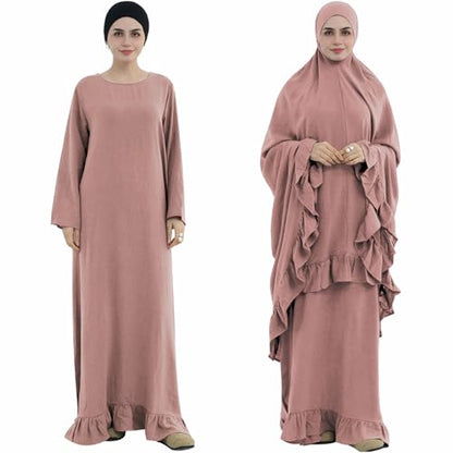 2PCS Women Muslim Prayer Abaya Dress Ruffle Trim Side Pockets with Khimar - color: Pink, size: Large