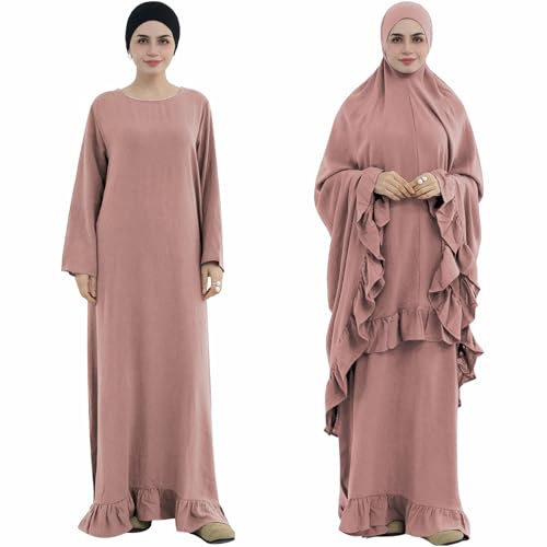 2PCS Women Muslim Prayer Abaya Dress Ruffle Trim Side Pockets with Khimar - color: Pink, size: Large