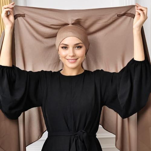 Instant Hijab Set 3-in-1 Chiffon Hijab Scarf for Women with Built-in Magnets and Undercap Head Wraps - color: Almond