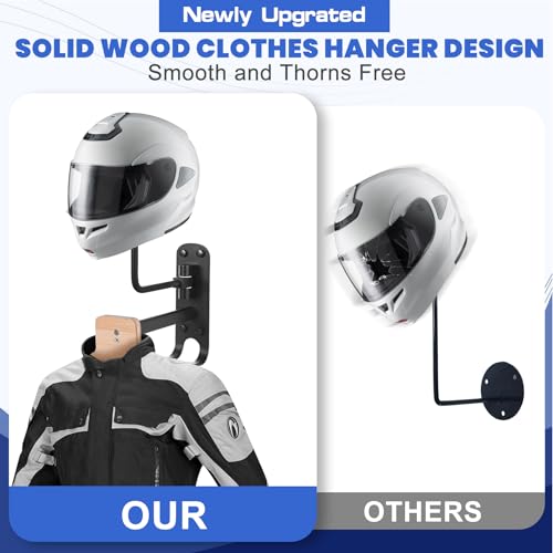 Motorcycle Helmet Rack Wall Mount 180 Degree Rotation Metal Bike Helmet Holder Mount Bicycle Helmet Display Hanger Stand with Wood Hanger & 2 Hooks for Motorcycle Bike Baseball Rugby Helmet - 2 Pack - color: Black(2PCS with Hanger)