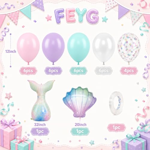 Mermaid Balloons, 12 Inch Pink Purple Balloons with Seashell Foil Balloons - color: Pink, size: 30PC
