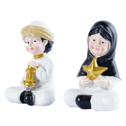 Ramadan Decorations Islamic Home Decor Muslim Boy and Girl Figurines Holding Lantern and Star Resin Table Centerpieces for Office Kids Eid Gifts Ideas Room Desktop Ornament